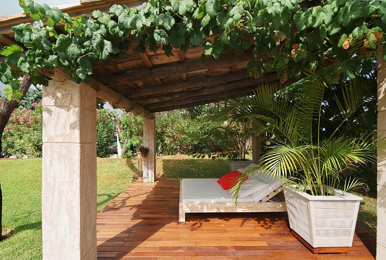 Terrasse Überdachung Weinranke Sonnenliegen Topfpflanze