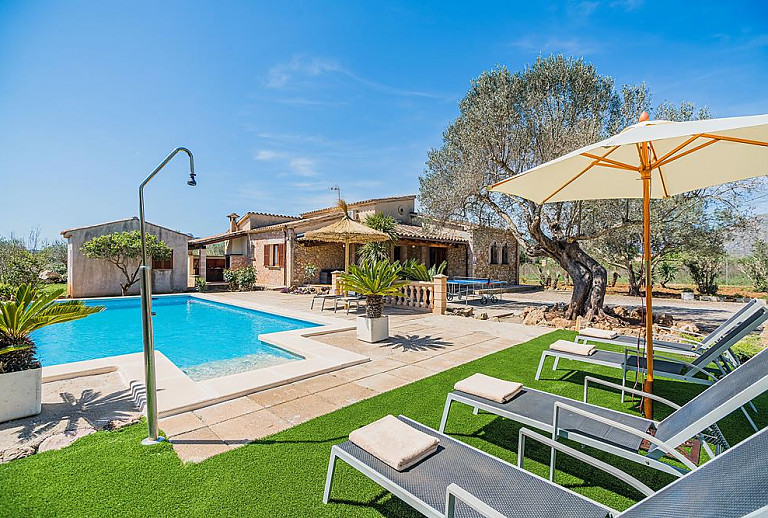 Poolbereich Sonnenliegen Tisch Stuehle Sonnenschirme Palmen Pool