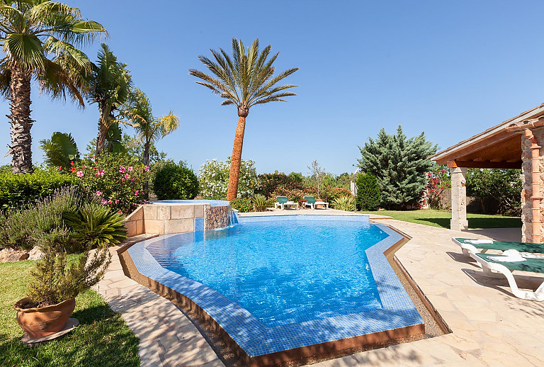 Pool Palmen Rasen Aussendusche Sonnenliegen Terrasse