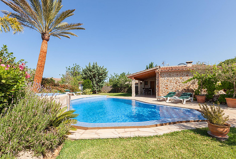 Gartenbereich Rasen Pool Pflanzen Terrasse Sonnenliegen