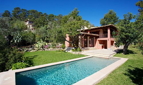 Hausfassade Rasen Pool Terrasse Pflanzen