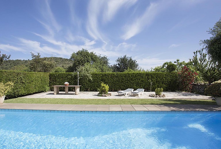 Garten mit Rasen und Pool mit blauem Himmel