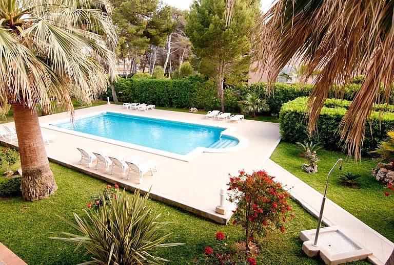 Ferienwohnungen mit Pool Sonnenliegen und Bäumen