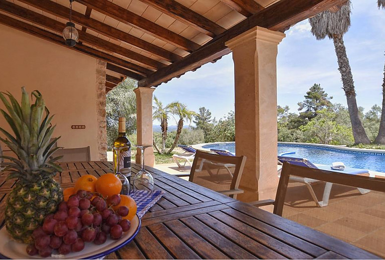 Terrasse mit Vordach Poolblick und Esstisch