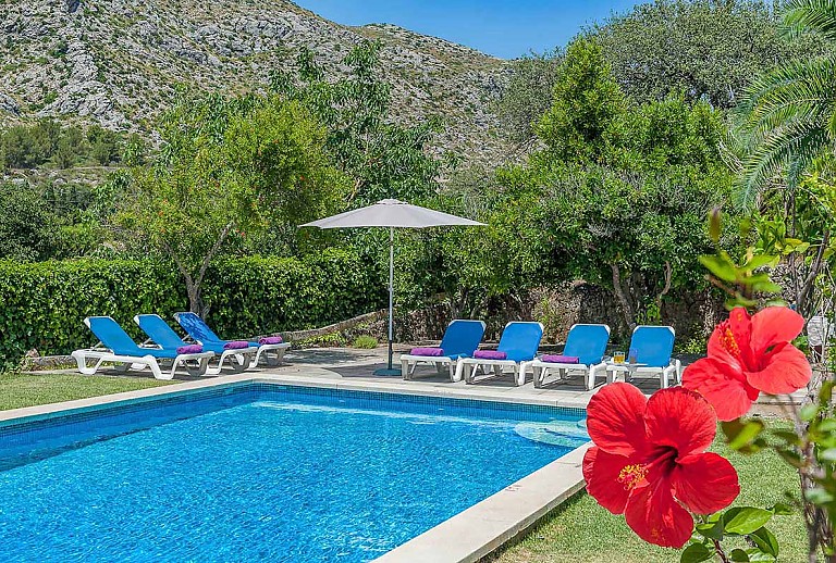 Pool mit Sonnenschirm und Poolliegen