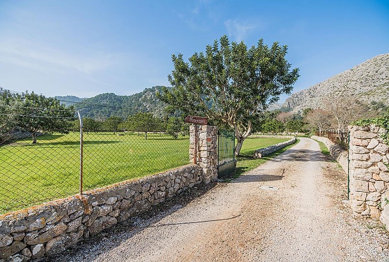 Zufahrt zur Finca mit Mauer und Bäumen