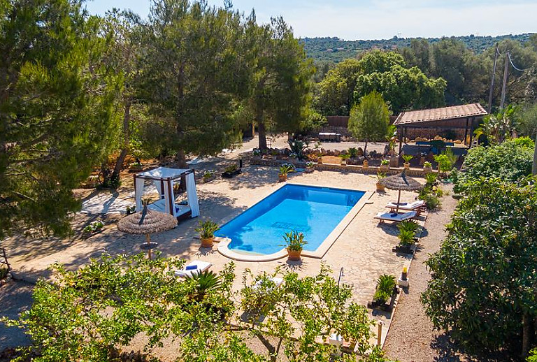 Finca mit Bäumen und Topfpflanzen im Garten