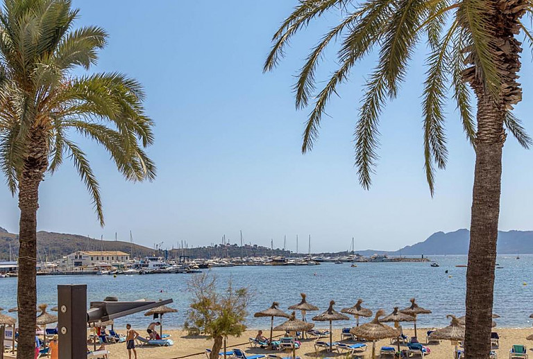 Blick von der Ferienwohnung auf den Strand mit Palmen