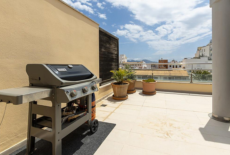 Grill und Topfpflanzen auf der Terrasse