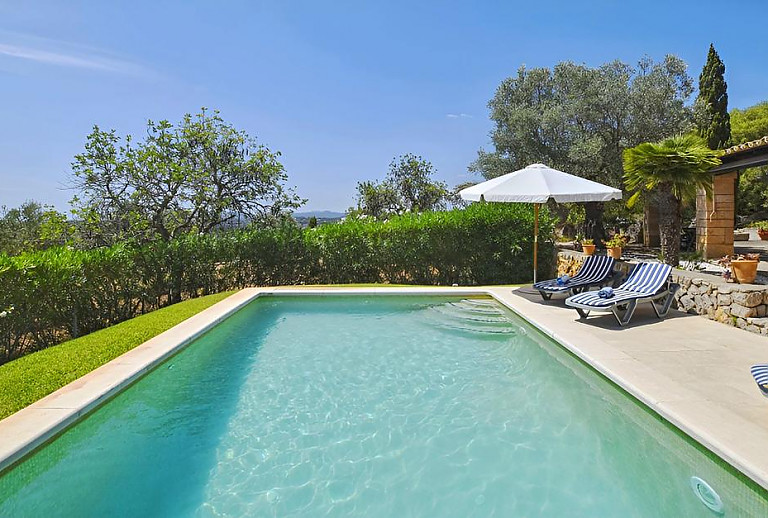 Poolbreich mit Sonnenliegen im Garten