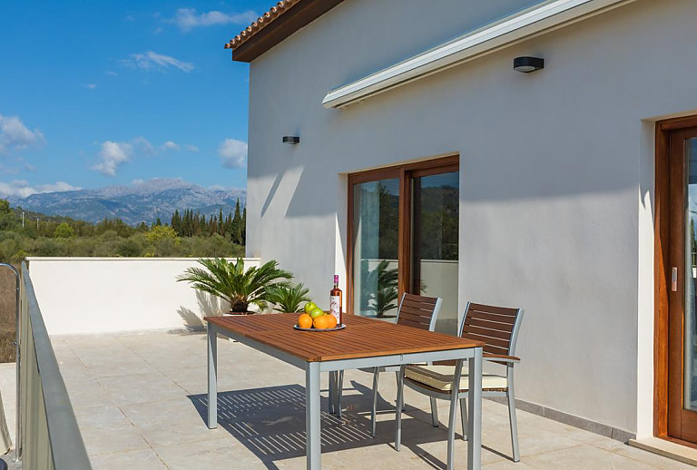 Terrasse mit Topfpflanzen und Esstisch