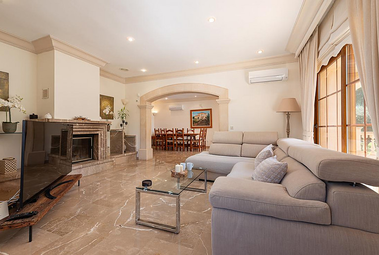 Couch und Kamin im Wohnzimmer