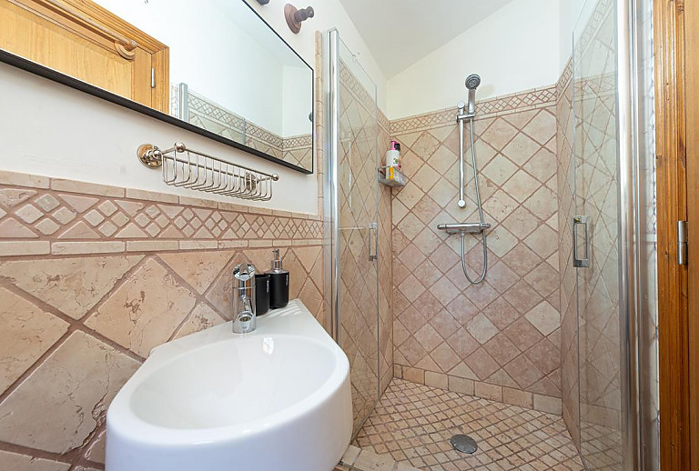 Badezimmer mit Dusche und Waschbecken