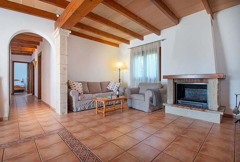 Kamin und Sofa im Wohnzimmer