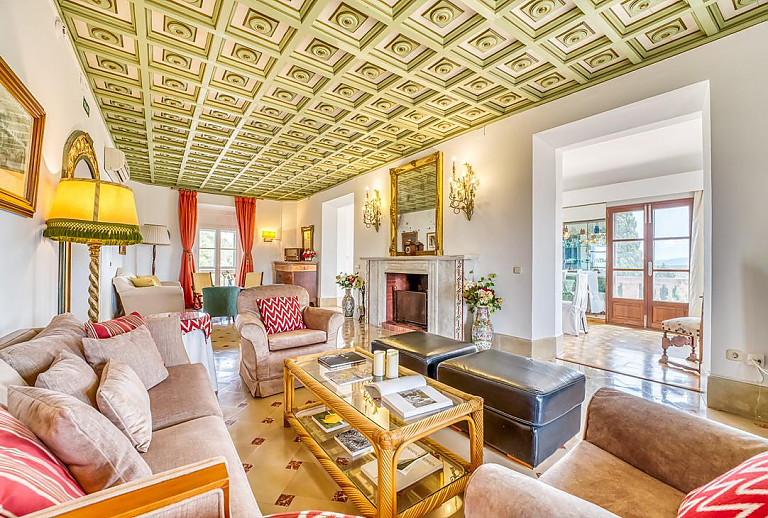 Wohnzimmer mit Kamin und Couch